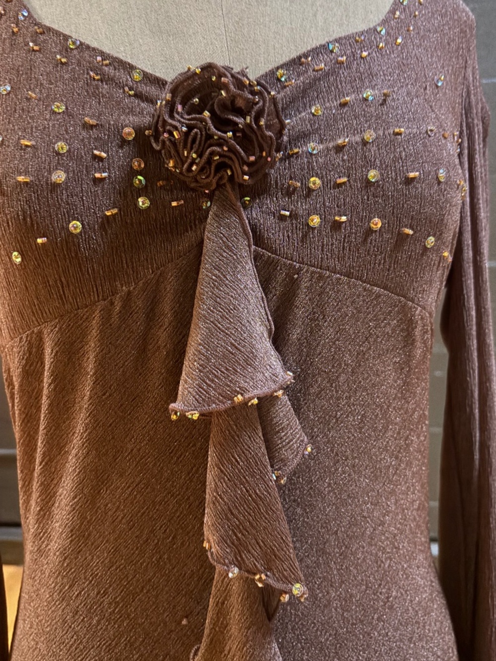 ✨ Beautiful Brown Sparkle Costume & Performance Top with Statement Bell Sleeves